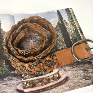 NWT WCM New York Tan Braided Leather Silver Woven Belt size small